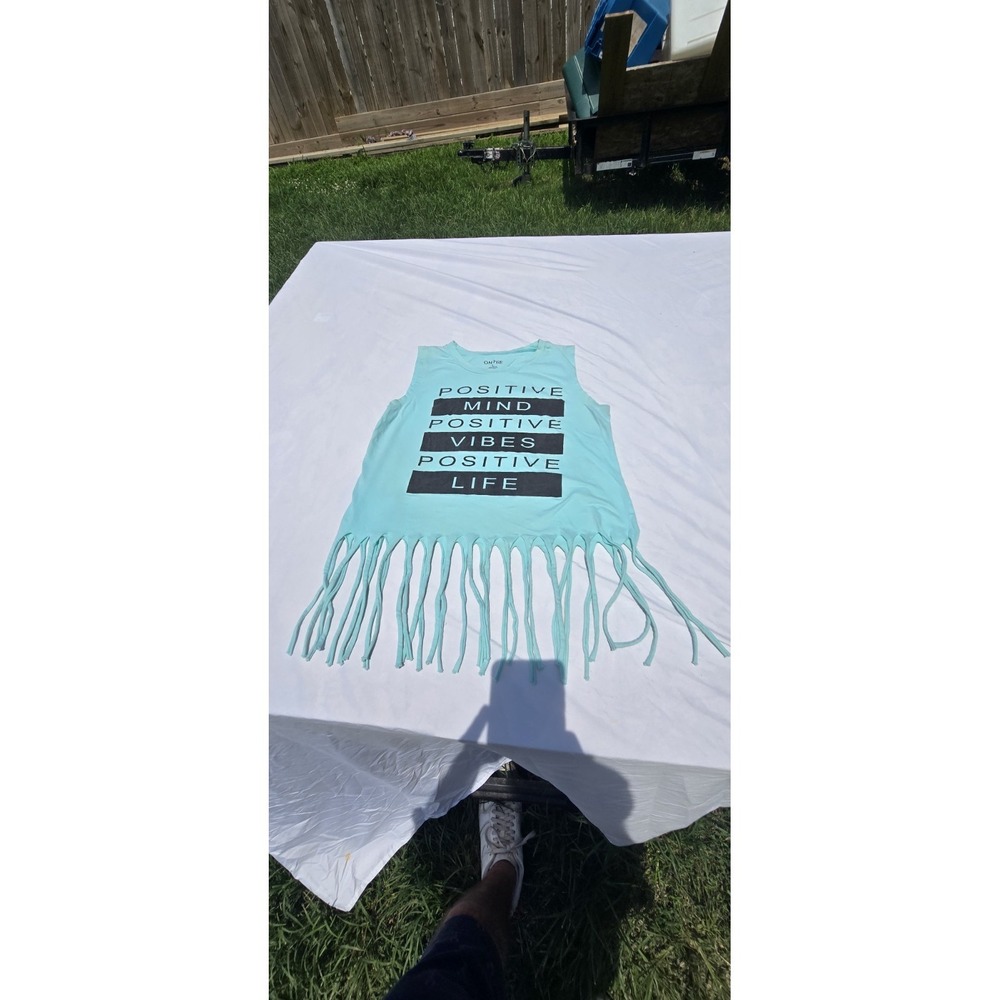 On Fire Branded Size L Blue Tank with Fringe Design At Bottom